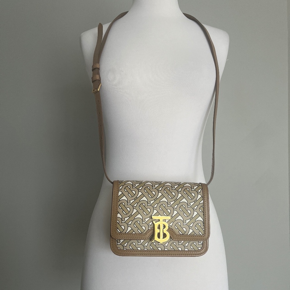 NWT Burberry TB Leather Monogram Small Beige Crossbody Shoulder Bag Purse
